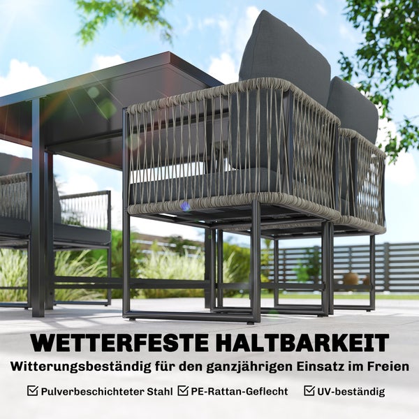 Gartenstuhl mit dunkelgrauen Kissen, 15 Zentimeter Rückenkissen und 8 Zentimeter Sitzkissen, mit Reißverschluss für abnehmbare Bezüge.