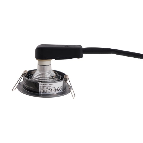 Einbaustrahler in Grau mit GU10 Fassung, schwarzer Anschlussbox, schwarzem Kabel und seitlichen Montagefedern.