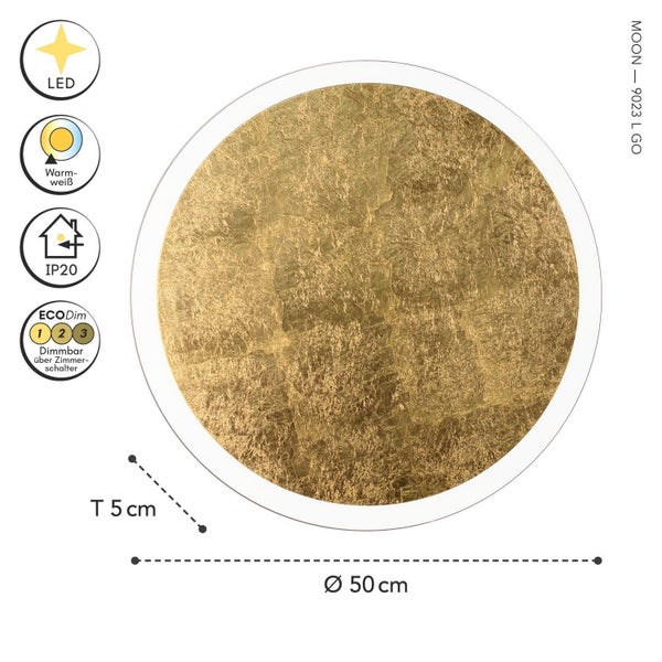 Runde LED-Deckenleuchte Moon in Goldoptik, Durchmesser 50 cm, Tiefe 5 cm. Warmweißes Licht, Schutzart IP20, dimmbar über Wandschalter.
