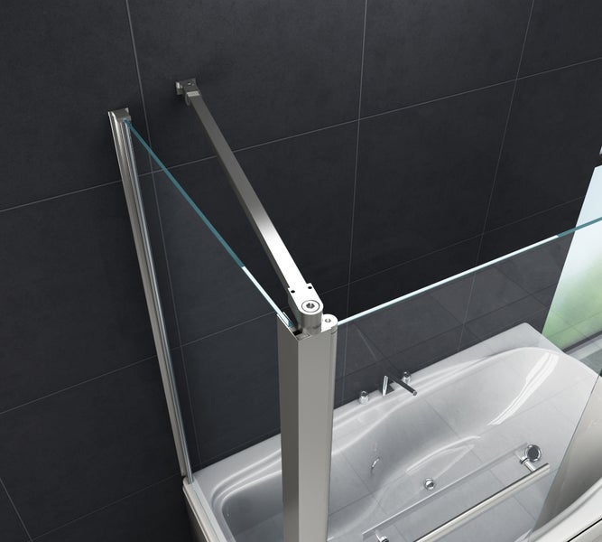 Detailansicht einer Badewannenabtrennung aus Glas mit silberfarbenen Beschlägen und Stabilisierungsstange.