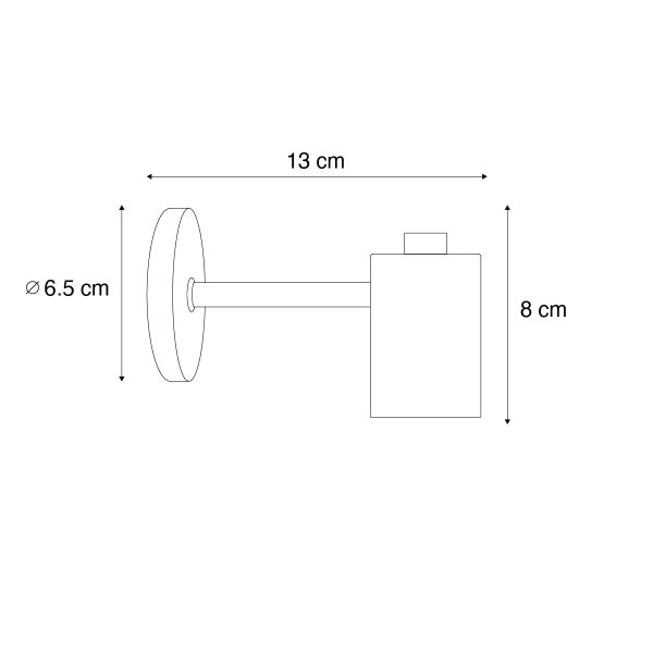 Technische Zeichnung eines Handtuchhalters mit den Maßen 13 cm Länge, 6,5 cm Durchmesser der Rosette und 8 cm Höhe des Halters