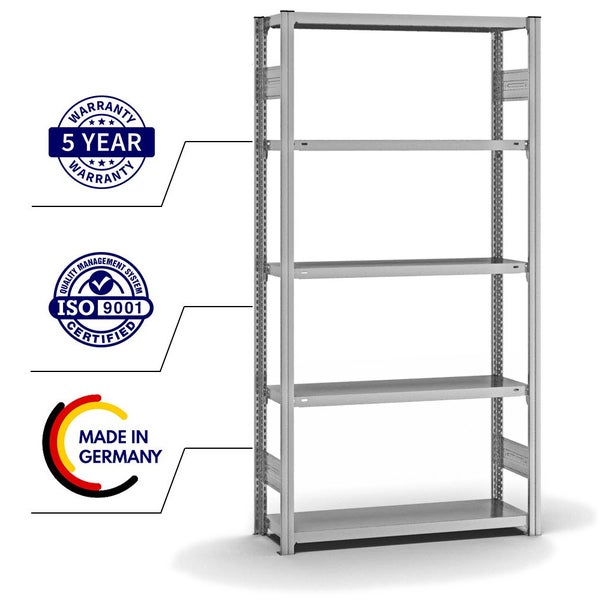 PROREGAL Fachbodenregal Stecksystem T-Profil Light-Duty Grundregal HxBxT 200 x 100 x 30 cm 5 Ebenen Fachlast 150 kg Beidseitig Nutzbar Verzinkt