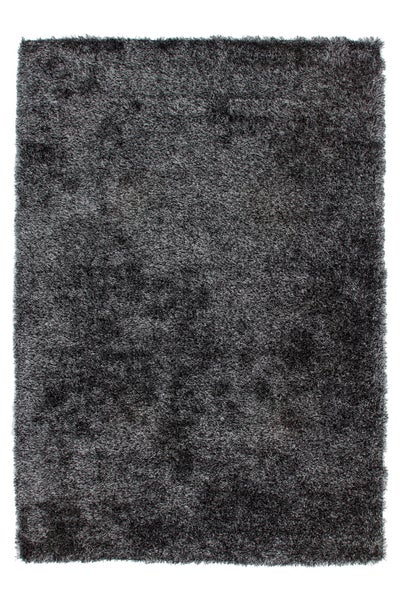 Rechteckiger Hochflor-Teppich in Anthrazit mit zotteliger Textur.