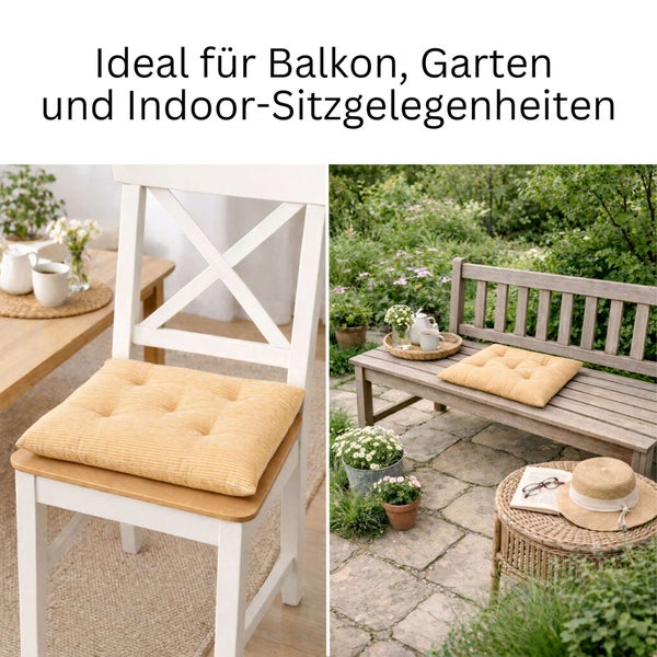 Gestepptes Sitzkissen auf einem Stuhl im Innenbereich und einer Gartenbank im Freien.