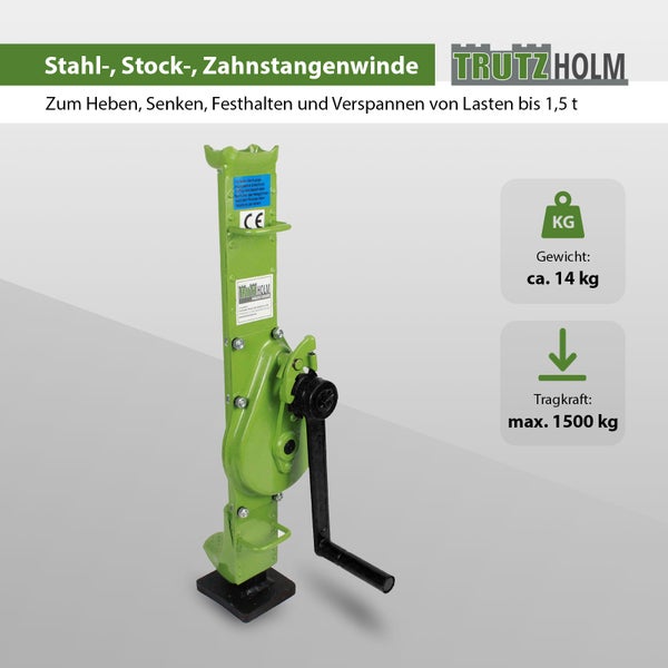 Stahl Stock Zahnstangenwinde zum Heben, Senken, Festhalten und Verspannen von Lasten bis 1,5 t