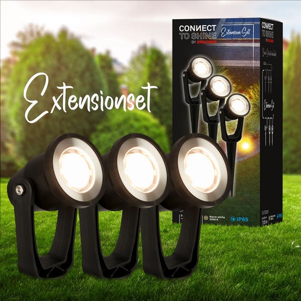 Briloner Connect to Shine LED-Erweiterungsset mit drei Gartenstrahlern, warmweißes Licht, Schutzklasse IP 65, schwarzes Gehäuse für den Garten.