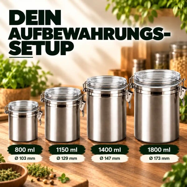 Vier Vorratsdosen aus Edelstahl mit transparentem Deckel und Verschlussmechanismus in verschiedenen Größen für die Lebensmittelaufbewahrung.