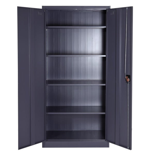 Metallschrank mit offenen Türen und Regalböden