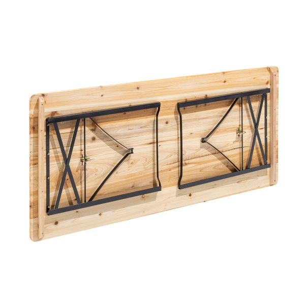 Zusammengeklappter Biertisch aus Holz mit schwarzem Metallgestell und Klappmechanismus.