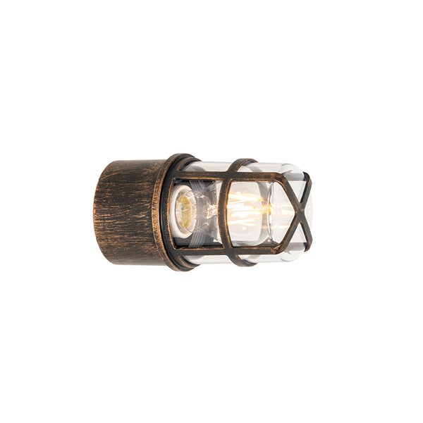 Wandleuchte im maritimen Stil aus Metall in Antik-Optik mit Schutzgitter und Glasabschirmung.