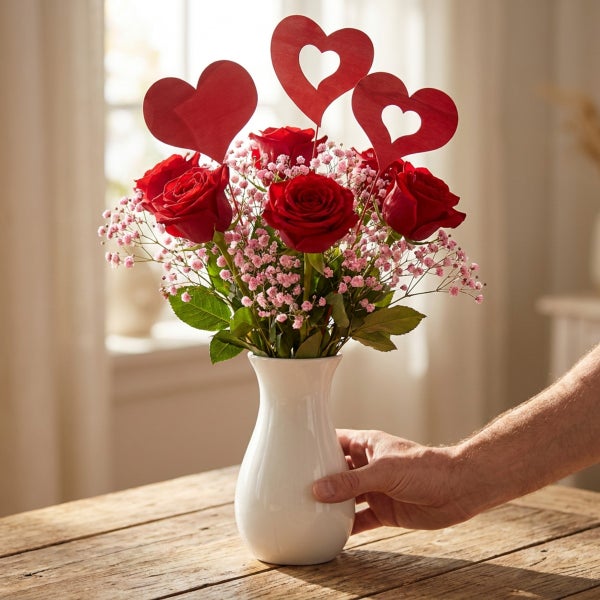 Blumenstrauß aus Rosen und Schleierkraut in weißer Vase dekoriert mit Herzsteckern auf einem Holztisch.