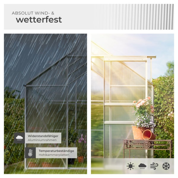 Gewächshaus mit widerstandsfähigem Aluminiumrahmen und temperaturbeständigen Hohlkammerplatten, absolut wind- und wetterfest