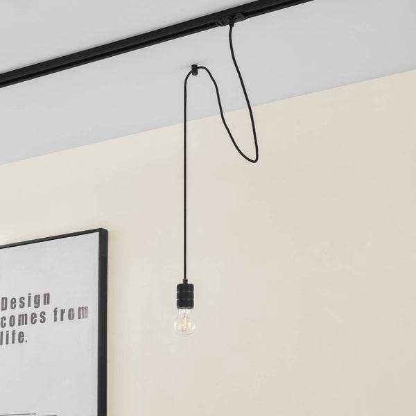 Pendelleuchte für Schienensystem in Schwarz mit Kabelaufhängung und E27 Fassung inklusive Filament Leuchtmittel.