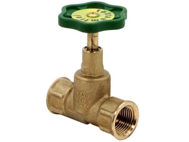 Absperrventil aus Messing mit grünem Handrad der Nennweite 15