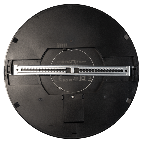 Rückseite einer runden LED-Deckenleuchte mit verstellbarer Metallhalterung und Wahlschalter für die Farbtemperatur.