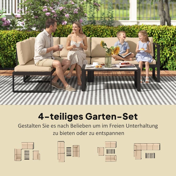 4-teiliges Garten-Lounge-Set mit schwarzem Metallgestell und beigen Polstern auf einer Terrasse, inklusive Beispielen für Stellmöglichkeiten.