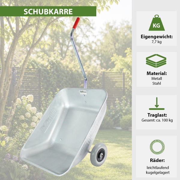 Schubkarre aus Stahl mit 7,7 Kilogramm Eigengewicht, 100 Kilogramm Traglast und kugelgelagerten Rädern für den Garten.