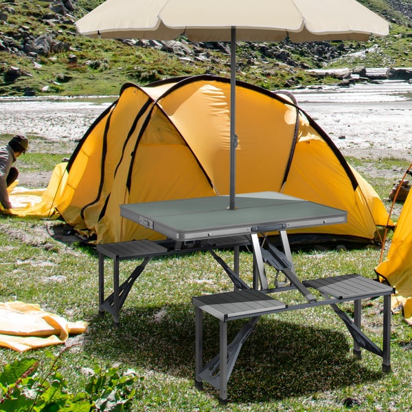 Outsunny Campingtisch Klapptisch mit 4 Stühle Klappbarer Gartentisch aus Aluminium leicht Multifunktionstisch 4 Personen Beistelltisch für Garten Terrasse Balkon 85,5 x 135cm Grau