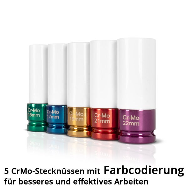 Fünf farbcodierte Chrom-Molybdän-Stecknüsse mit Schonhülse in den Größen 15, 17, 19, 21 und 22 Millimeter.