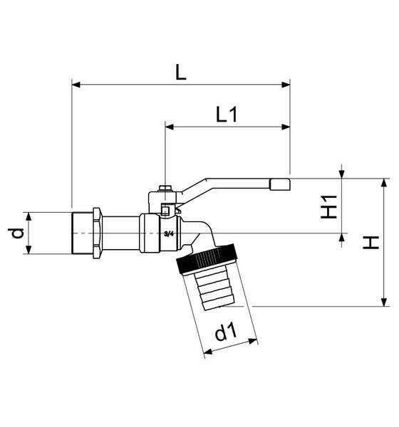 Maßzeichnung eines Garten-Kugelauslaufhahns mit Hebelgriff und Schlauchanschluss mit den Maßen L, L1, H, H1, d und d1.