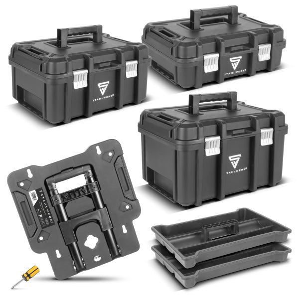 Mehrere Werkzeugkoffer aus Kunststoff mit Tragegriffen, Werkzeugablagen und Trolley-Einsatz mit Griff sowie Schraubendreher
