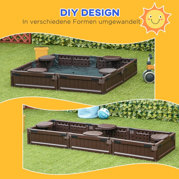Braun Sandbox mit Sitzgelegenheiten im Garten