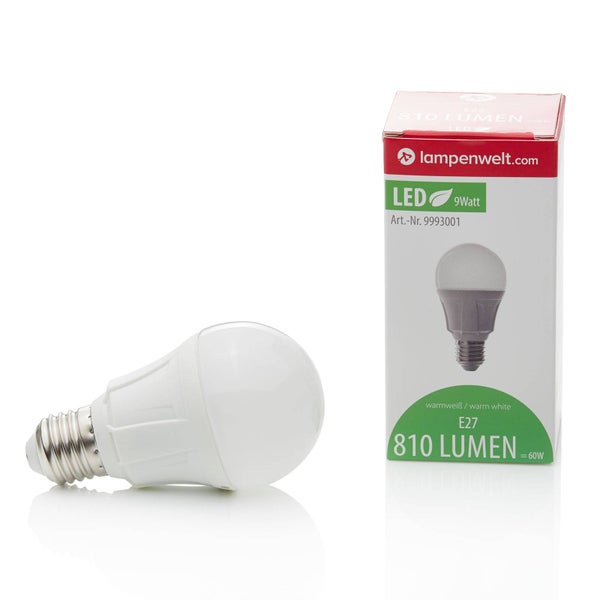 LED Leuchtmittel E27, 9 Watt, 810 Lumen, warmweiß, mit Lampenwelt Verpackung.