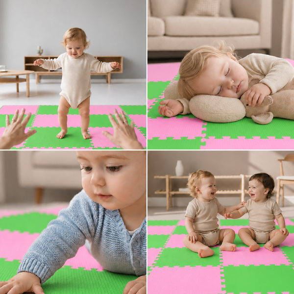 Kleinkinder spielen und schlafen auf einer weichen, zusammensteckbaren Puzzlematte mit quadratischen Elementen in verschiedenen Farben.