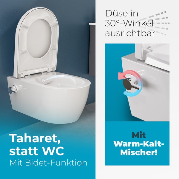 Weisses Taharet WC mit Bidet Funktion und Warm-Kalt-Mischer