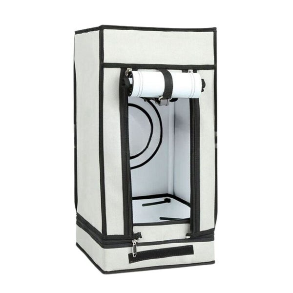 Rechteckige Growbox aus hellem Stoff mit schwarzen Kanten, aufrollbarer Frontöffnung und Reißverschluss für die Pflanzenaufzucht.