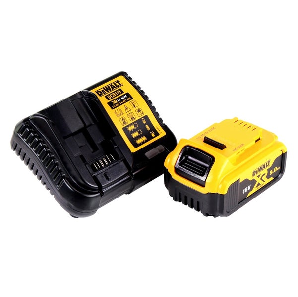 DeWalt Ladegerät DCB113 mit einem 18 Volt 5,0 Amperestunden Lithium-Ionen-Akku.