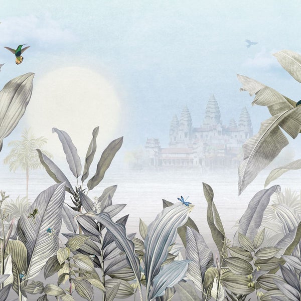 Tapete mit tropischen Blättern, Kolibris, Libellen und Tempel im Hintergrund