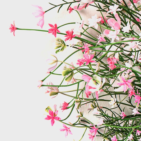 Künstlicher Pflanzenzweig mit kleinen rosa und weißen Blüten sowie grünen nadelartigen Blättern.