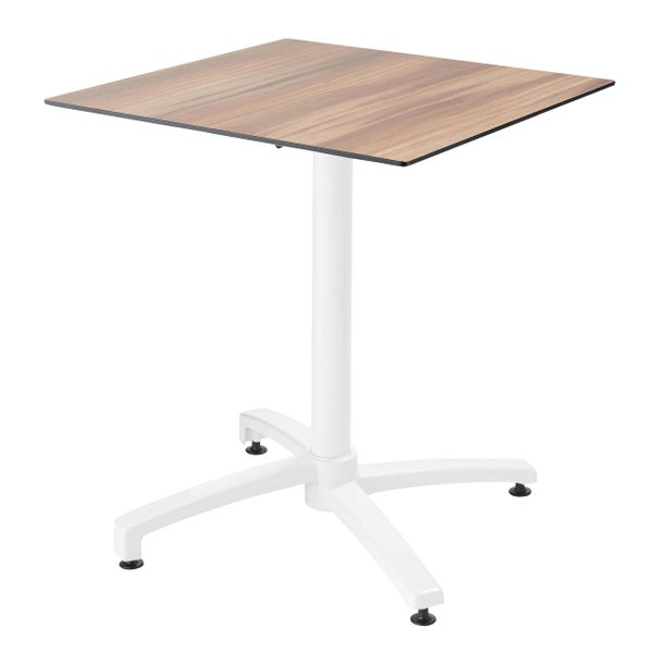 Quadratischer Bistrotisch mit Tischplatte in Walnuss Holzoptik und weißem Metallgestell mit Mittelfuß.