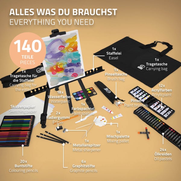 ECD Germany 140tlg XXL Malset mit Staffelei, Künstler Set Acryl & Zeichenset - Buntstifte, Leinwand, Pinselset, Wasserfarben, Pastellkreide, Aluminium Standstaffelei, Malerei Set mit Atelierstaffelei