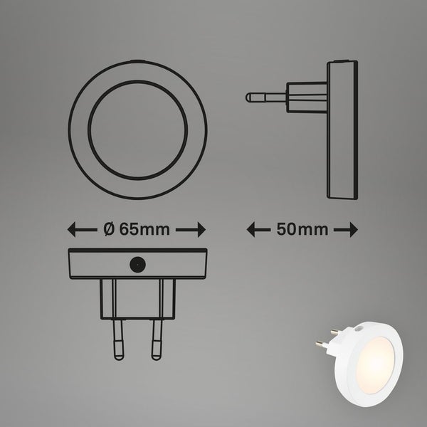 Technische Zeichnung einer Nachtleuchte mit den Maßen 65 mm Durchmesser und 50 mm Tiefe