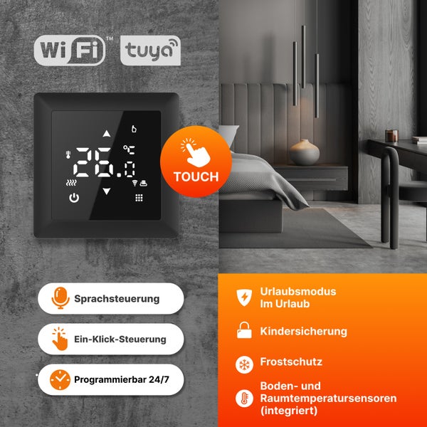 Intelligenter Raumthermostat mit Touchfunktion, Sprachsteuerung, Kindersicherung und Urlaubsmodus