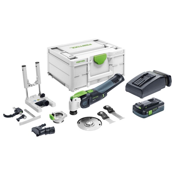 Festool Akku-Oszillierer OSC 18 Set mit 18 Volt Akku, Ladegerät, Systainer, Sägeblättern und Positionierhilfe.