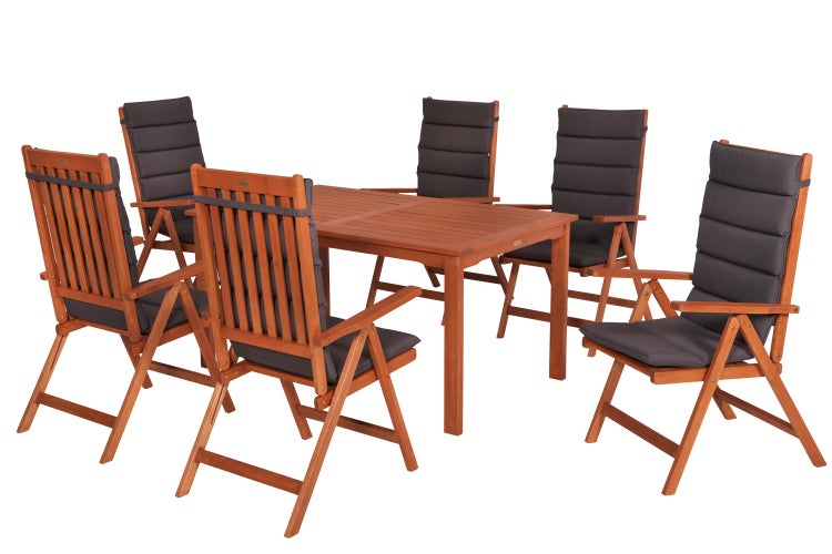 Gartentisch mit sechs Gartenstühlen und grauen Auflagen