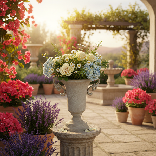 Klassische Steinvase auf Sockel mit Rosen und Hortensien in einem hellen mediterranen Garten mit Springbrunnen und Blumen in Terrakotta-Töpfen.