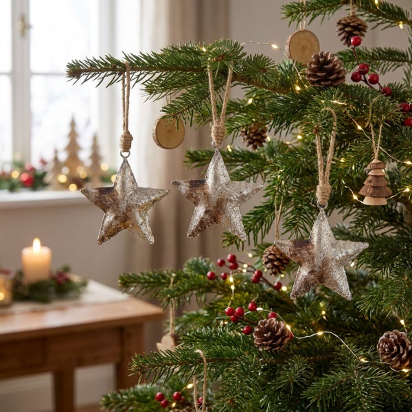 Drei rustikale Weihnachtssterne als Tannenbaumschmuck mit Juteband an einem geschmückten Weihnachtsbaum mit Zapfen und Lichterkette.