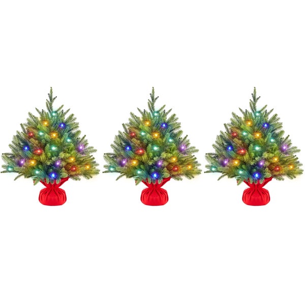 Drei beleuchtete Weihnachtsbäume mit rotem Sockel