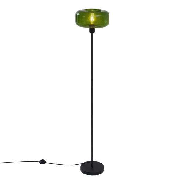 Stehleuchte mit grünem Glasschirm und schwarzem Metallfuß