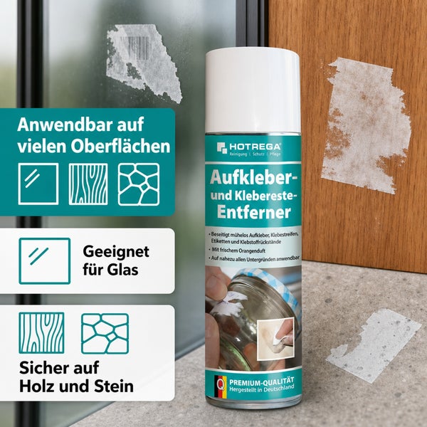 Hotrega Aufkleber und Klebereste Entferner in der Sprühdose zur Anwendung auf Glas, Holz und Stein zur Beseitigung von Etiketten und Kleberesten.