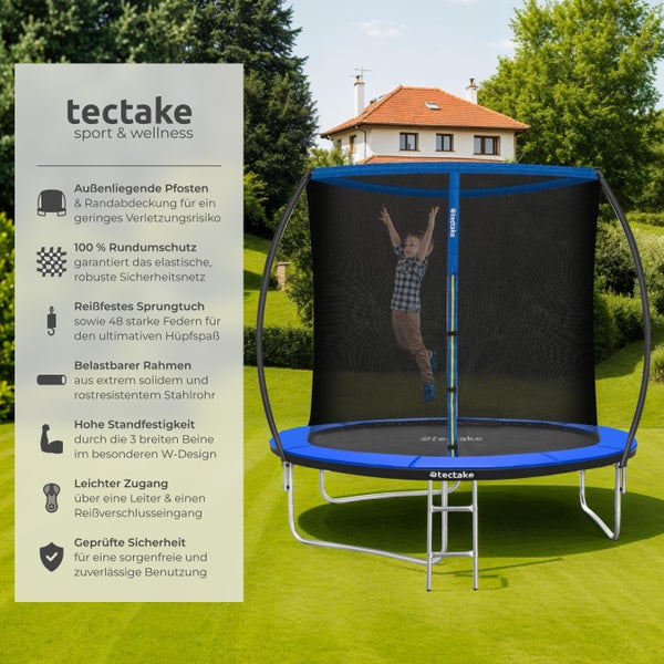 tectake Trampolin mit Sicherheitsnetz und Leiter im Garten, ein Kind springt