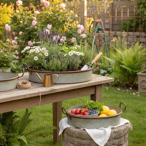 Helle Gartenszene mit verzinkten Metallschalen. Ein bepflanztes Tablett mit Lavendel und Gänseblümchen auf einem Holztisch sowie eine Obstschale auf Stein.