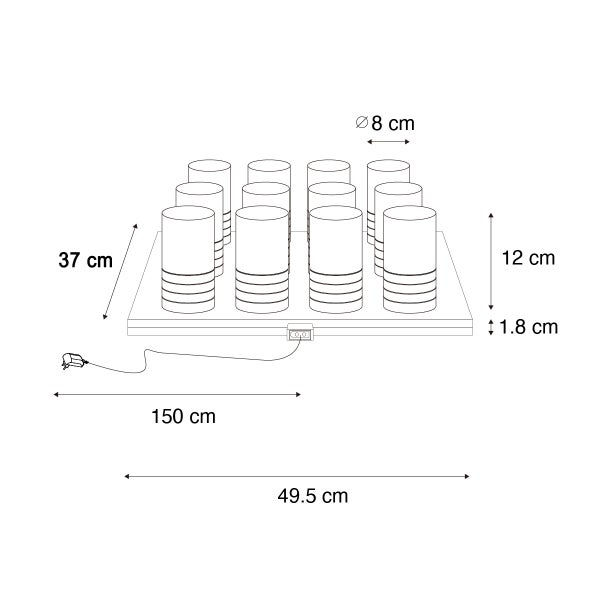 Maßzeichnung einer Leuchte mit zwölf Zylindern, Basis 49,5 mal 37 Zentimeter, Zylinder Durchmesser 8 Zentimeter und Höhe 12 Zentimeter, Kabel 150 Zentimeter.