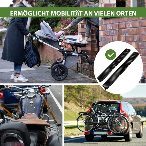 Verschiedene Transportsituationen mit Verladeschienen für Rollstühle, Motorräder und Fahrräder
