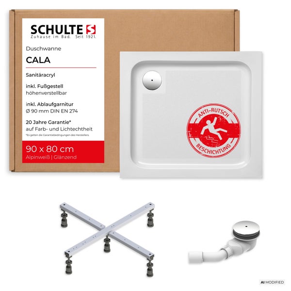 Schulte Duschwanne Cala 90 mal 80 Zentimeter aus Sanitäracryl mit Antirutschbeschichtung, höhenverstellbarem Fußgestell und Ablaufgarnitur.