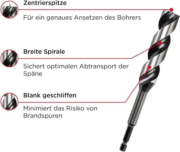 kwb 3-S Japan Schlangenbohrer ø 22 mm, 235 mm aus blankgeschliffenem CV-Stahl mit superscharfem Spitzenanschliff, Zentrierspitze und E 6.3 Schaft